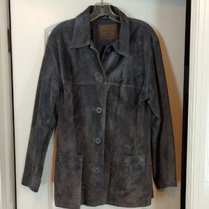 St. John's Bay  Gray/Blue Suede Leather Jacket Women's Small 3/4 Length